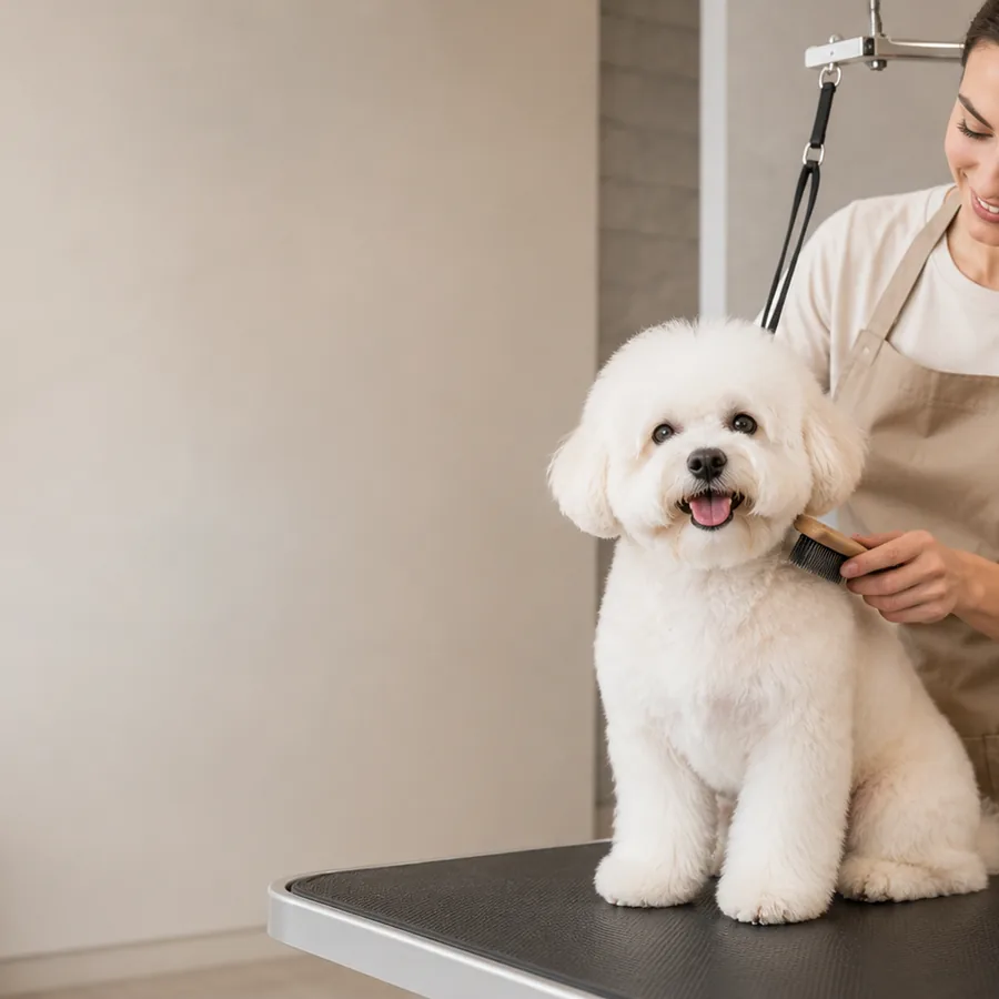Грумер ухаживает за собакой в салоне DELTA GROOMING Бендеры
