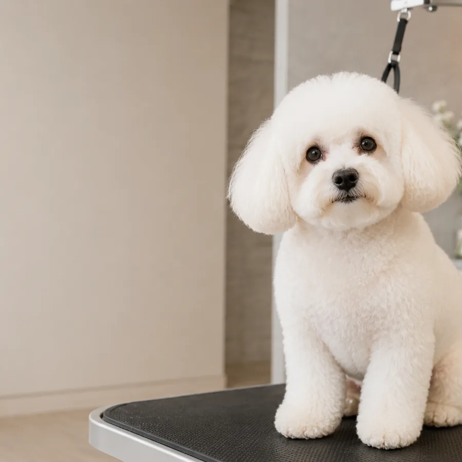 Белая собака после груминга в светлой студии DELTA GROOMING