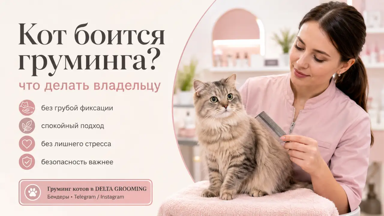 Обложка статьи что делать если кот нервничает на груминге DELTA GROOMING Бендеры