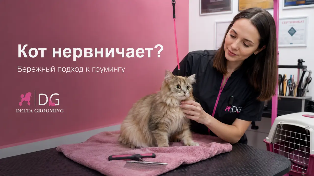 Обложка статьи что делать если кот нервничает на груминге DELTA GROOMING Бендеры