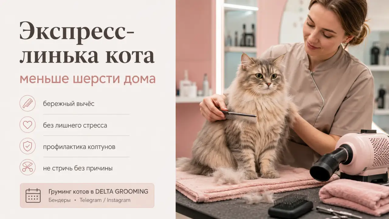 Обложка статьи экспресс-линька кота груминг кошек DELTA GROOMING Бендеры