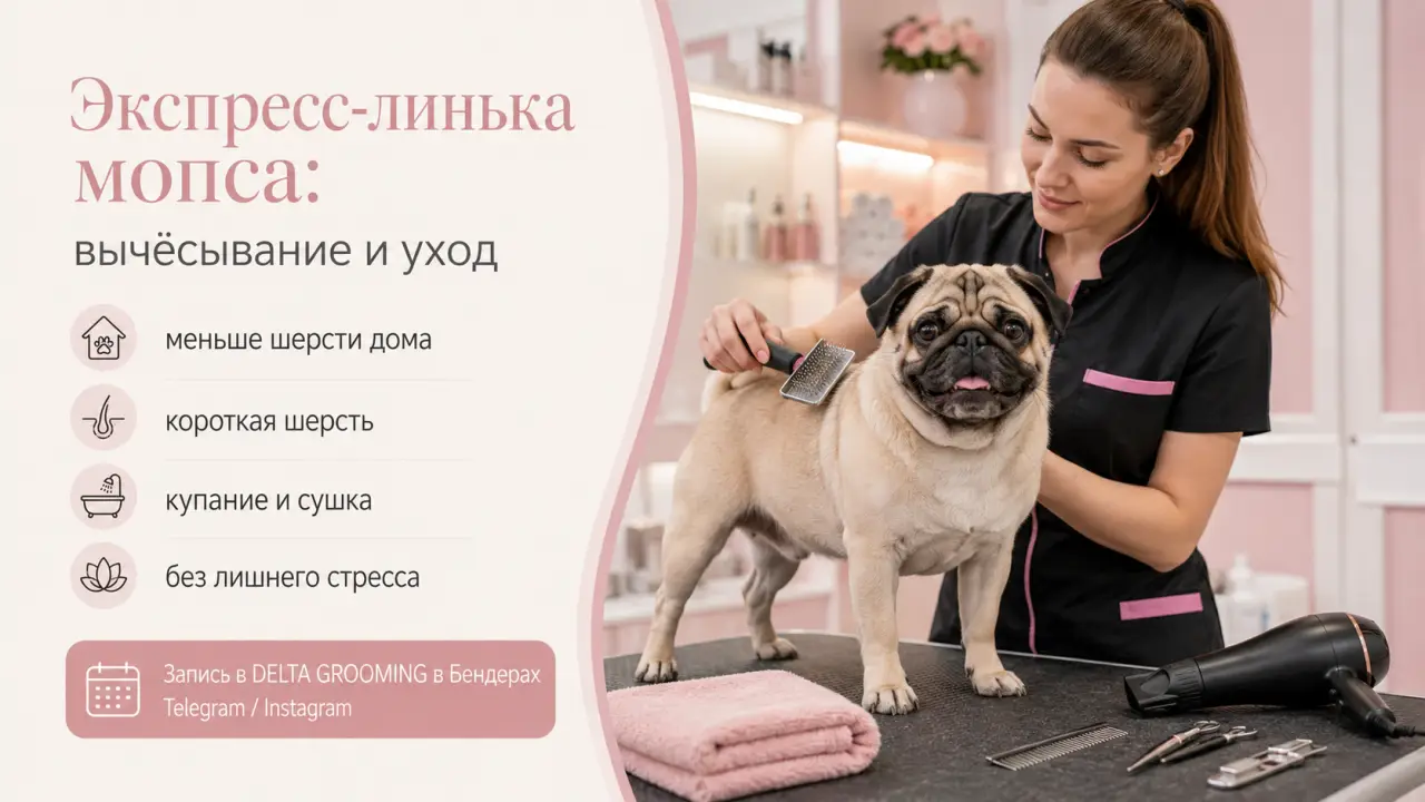 Обложка статьи экспресс-линька мопса груминг и вычёсывание DELTA GROOMING Бендеры