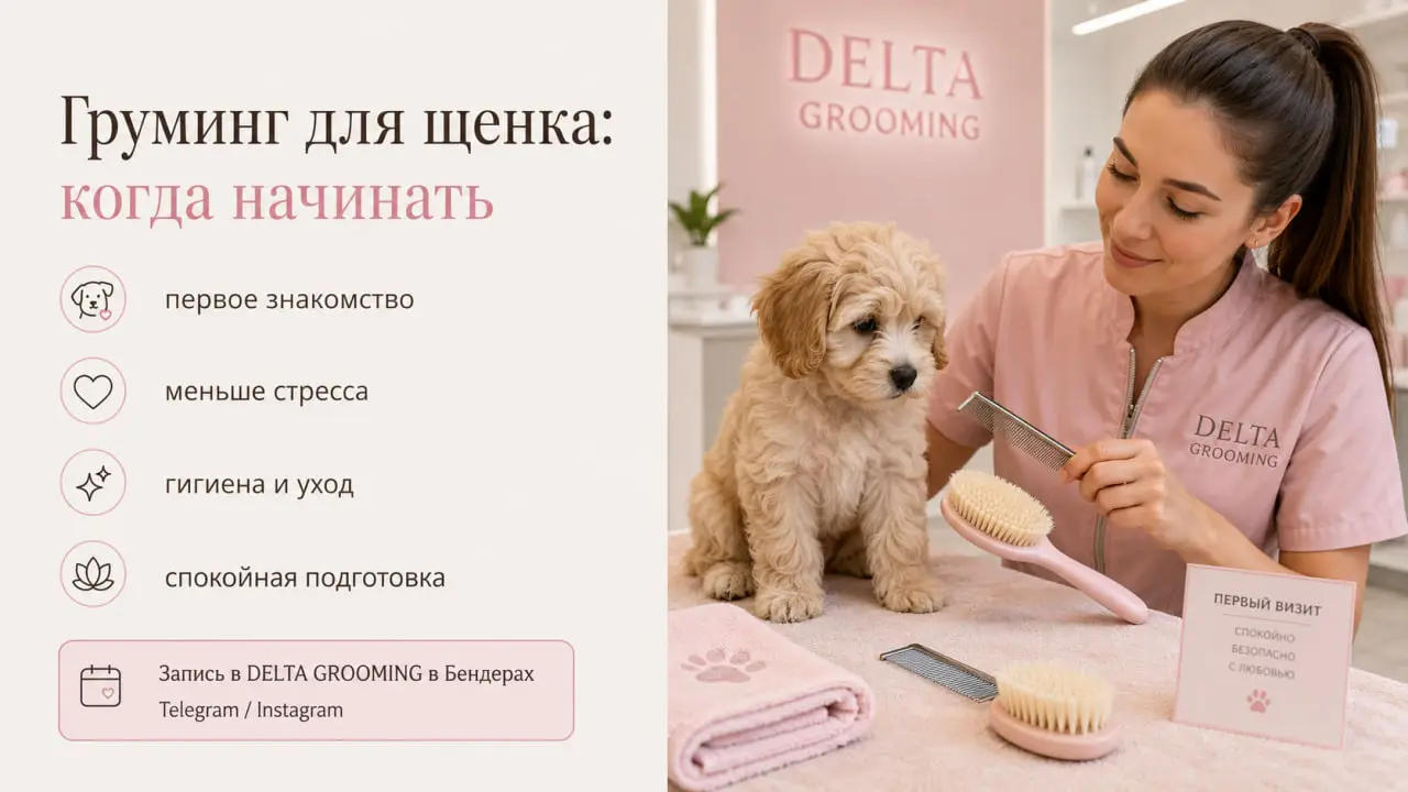 Обложка статьи про первый груминг для щенка в DELTA GROOMING Бендеры