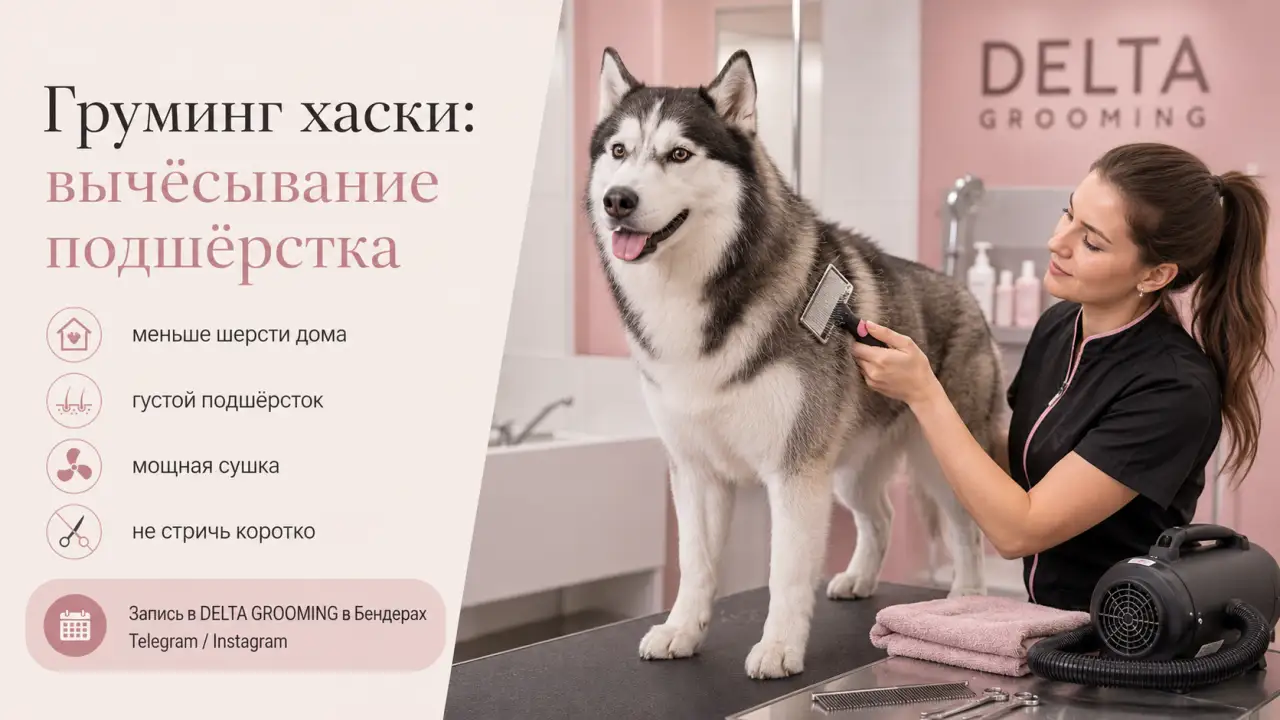 Обложка статьи груминг хаски вычёсывание подшёрстка и купание DELTA GROOMING Бендеры