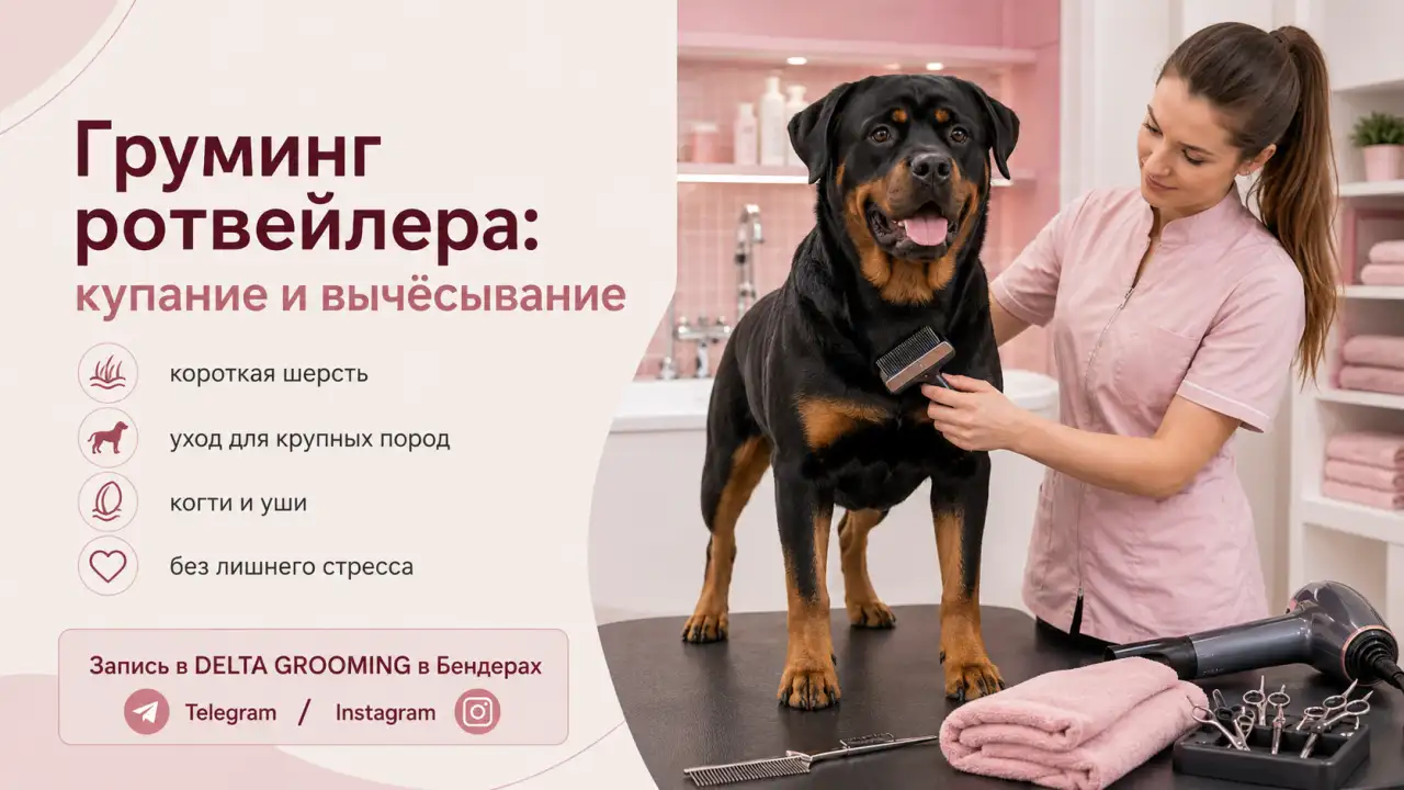 Обложка статьи груминг ротвейлера купание вычёсывание и уход DELTA GROOMING Бендеры