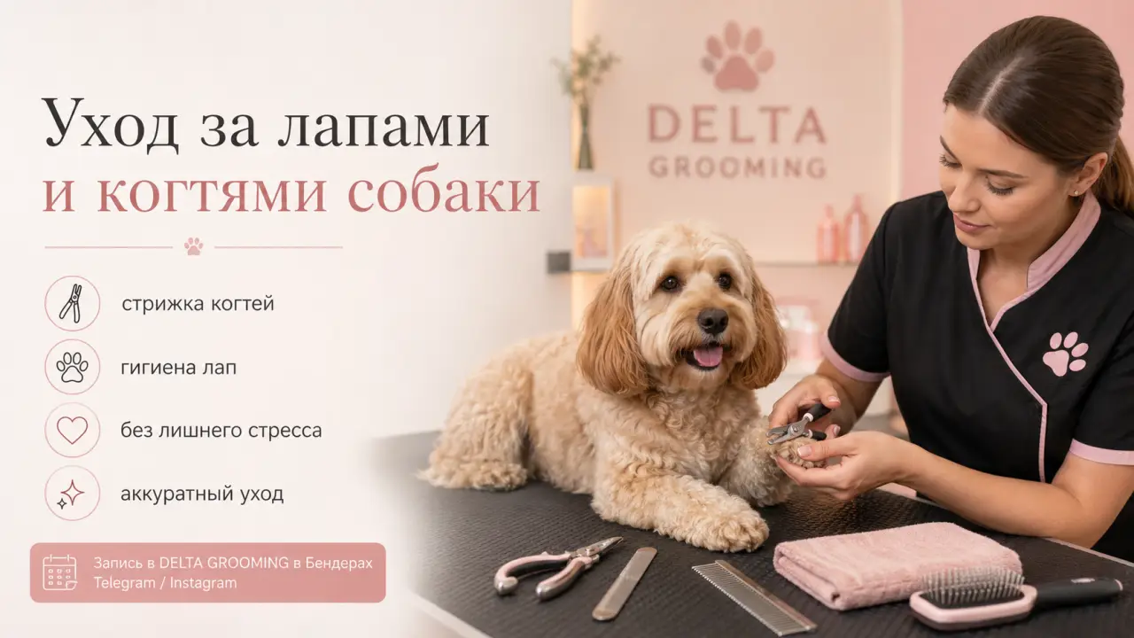 Обложка статьи про уход за лапами и когтями собаки в DELTA GROOMING Бендеры