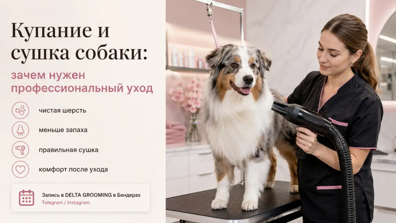 Обложка статьи про купание и сушку собак в DELTA GROOMING Бендеры