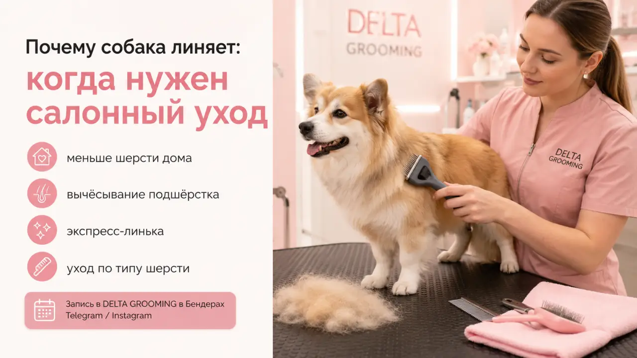 Обложка статьи почему собака линяет и когда нужен салонный уход в DELTA GROOMING Бендеры