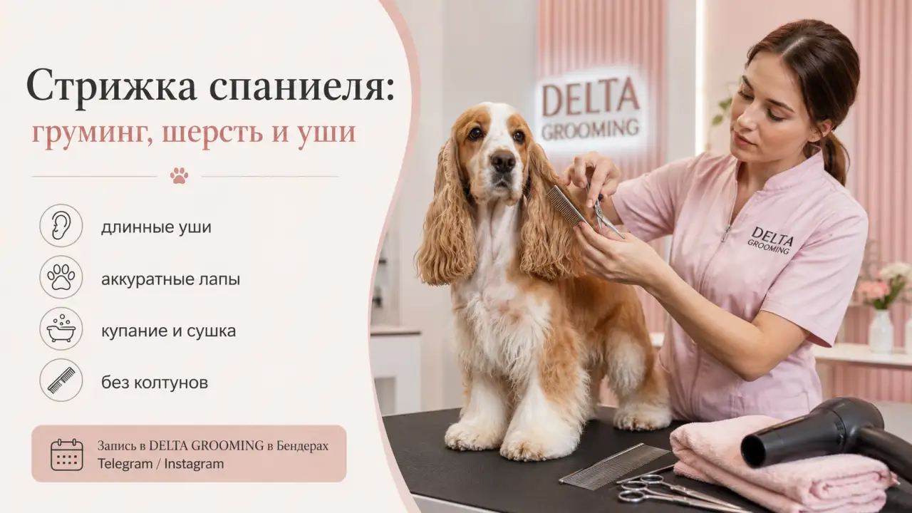 Обложка статьи стрижка спаниеля груминг уход за шерстью и ушами DELTA GROOMING Бендеры